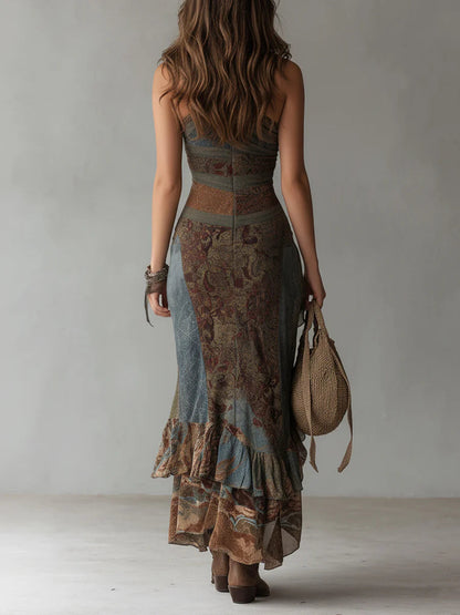 ELENA | VESTIDO MAXI BOHEMIO OTOÑAL FRUNCIDO CON ABERTURA LATERAL