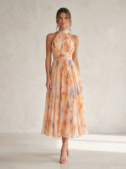 ESTHER | VESTIDO DE CUELLO HALTER CON ESTAMPADO DE ACUARELA