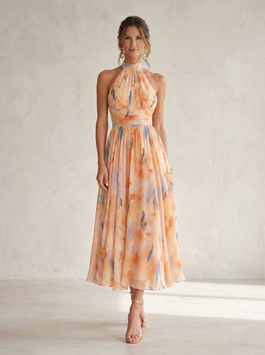ESTHER | VESTIDO DE CUELLO HALTER CON ESTAMPADO DE ACUARELA