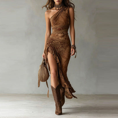 ELENA | VESTIDO MAXI BOHEMIO OTOÑAL FRUNCIDO CON ABERTURA LATERAL