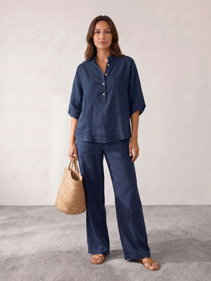 CONJUNTO DE LINO CON MANGAS MURCIÉLAGO Y PANTALÓN ANCHO