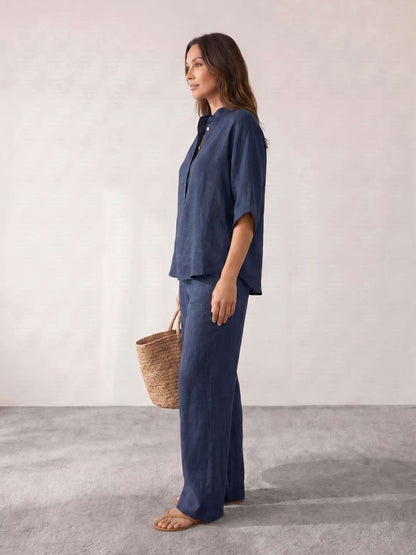 CONJUNTO DE LINO CON MANGAS MURCIÉLAGO Y PANTALÓN ANCHO
