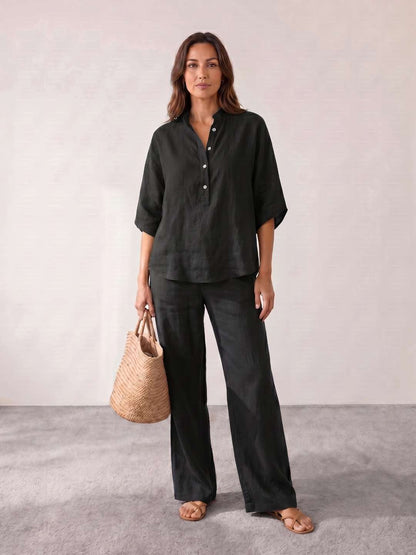 CONJUNTO DE LINO CON MANGAS MURCIÉLAGO Y PANTALÓN ANCHO