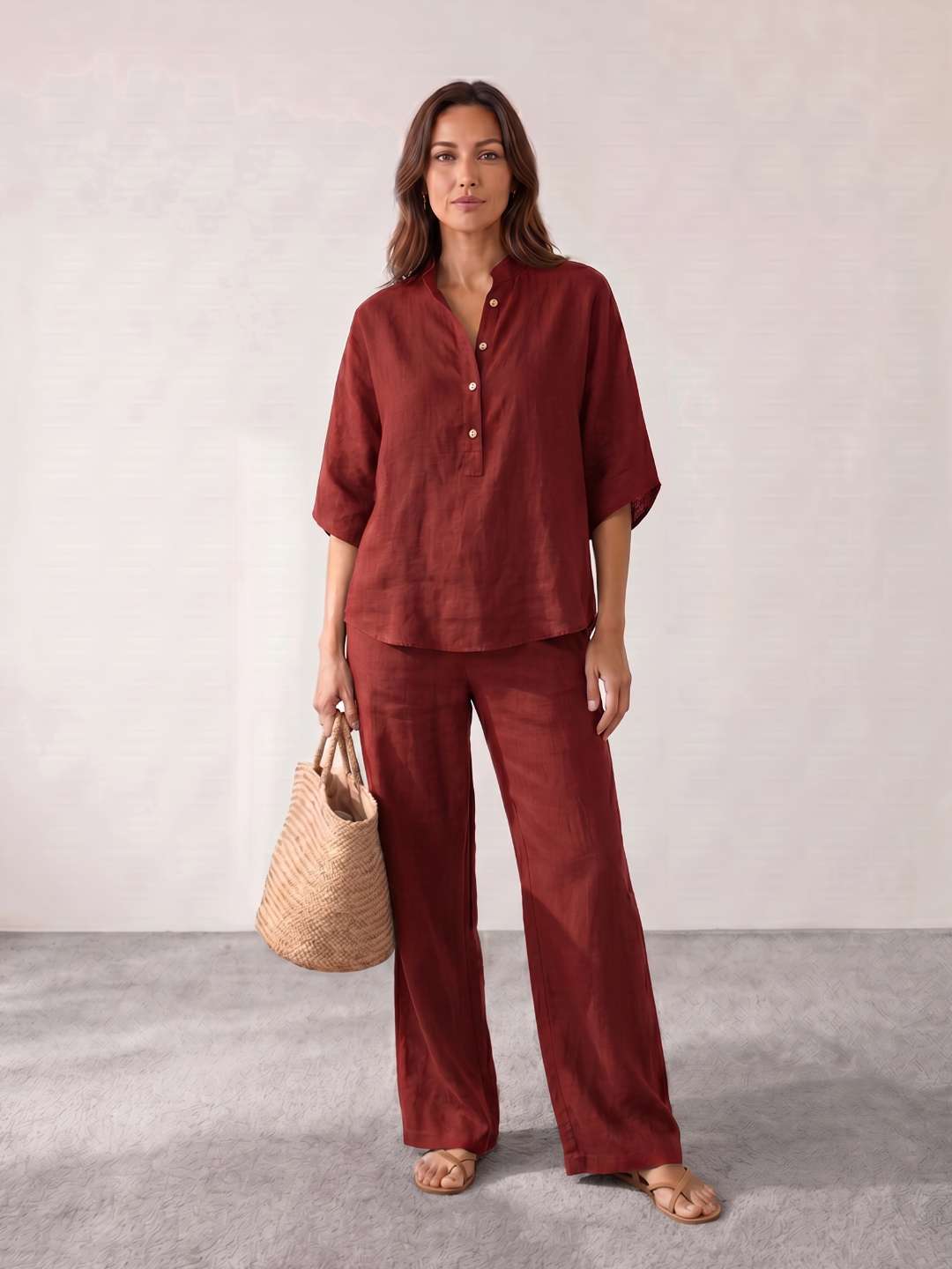 CONJUNTO DE LINO CON MANGAS MURCIÉLAGO Y PANTALÓN ANCHO