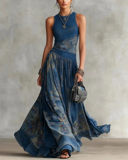 SILVIA | VESTIDO LARGO BOHO CON ESTAMPADO AZTECA Y FALDA ACAMPANADA