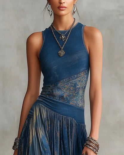 SILVIA | VESTIDO LARGO BOHO CON ESTAMPADO AZTECA Y FALDA ACAMPANADA