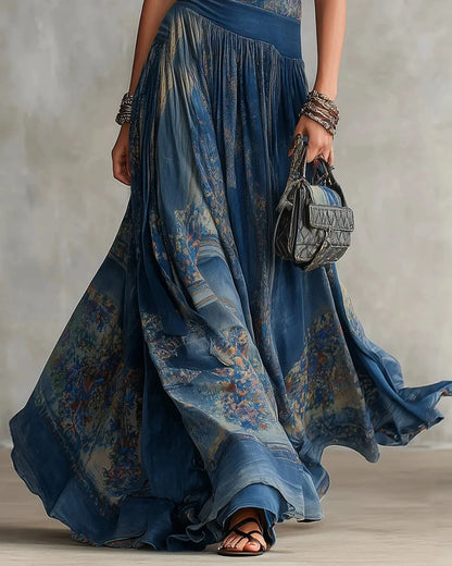 SILVIA | VESTIDO LARGO BOHO CON ESTAMPADO AZTECA Y FALDA ACAMPANADA