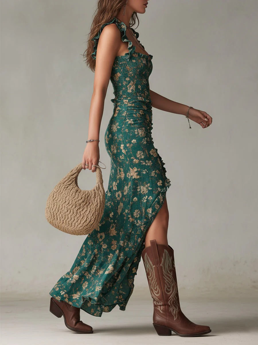 CARLOTA | VESTIDO MAXI BOHEMIO FLORAL FRUNCIDO CON ABERTURA LATERAL