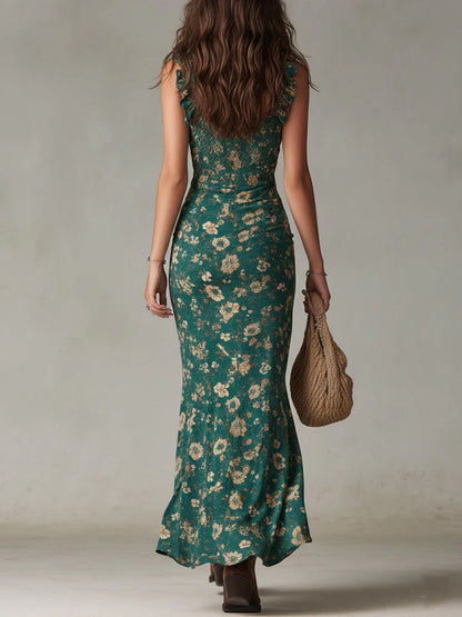 CARLOTA | VESTIDO MAXI BOHEMIO FLORAL FRUNCIDO CON ABERTURA LATERAL